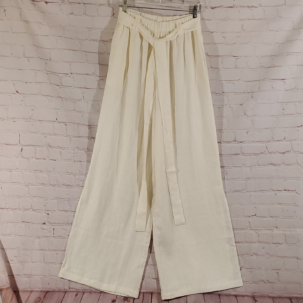 Cream Wide-Leg High-Waisted Pants with Tie Belt - Picture 1 of 7